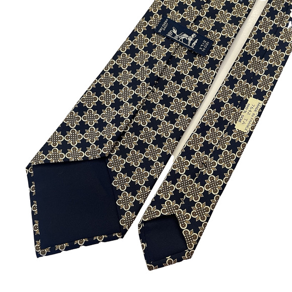 HERMÈS Silk Tie Men's 56.5x3.5" Navy Gold Geometric Foulard France 7642 TA - Picture 8 of 11